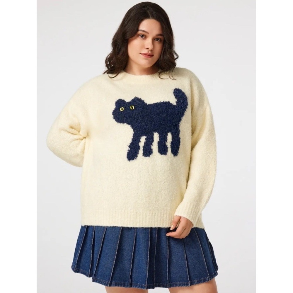 Cider Wool Blend Black Cat Fuzzy Sweater Ivory‎ Size 0XL Whimsy Embellished
